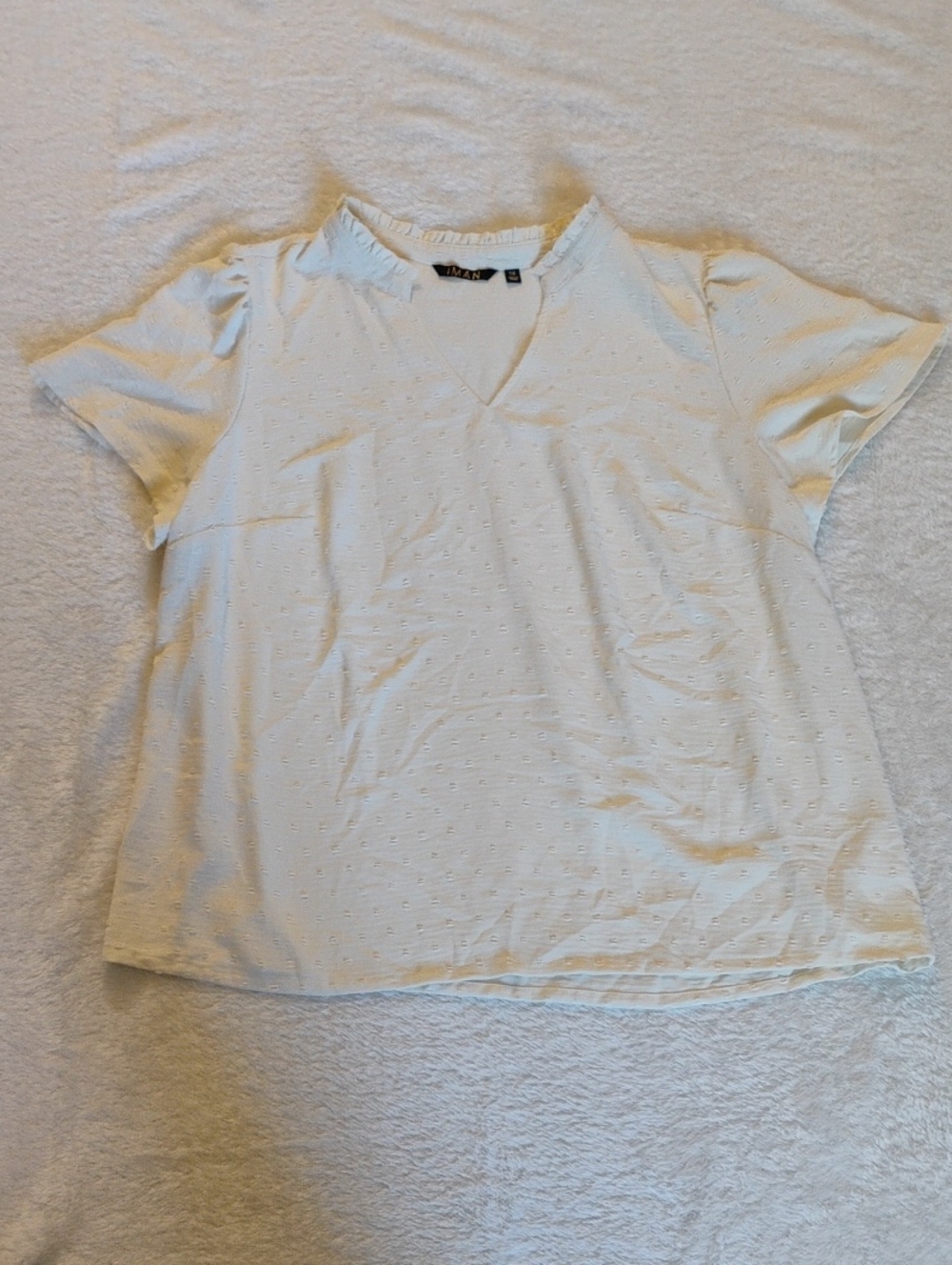 IMAN Swiss Dot Ruffle Neck Top